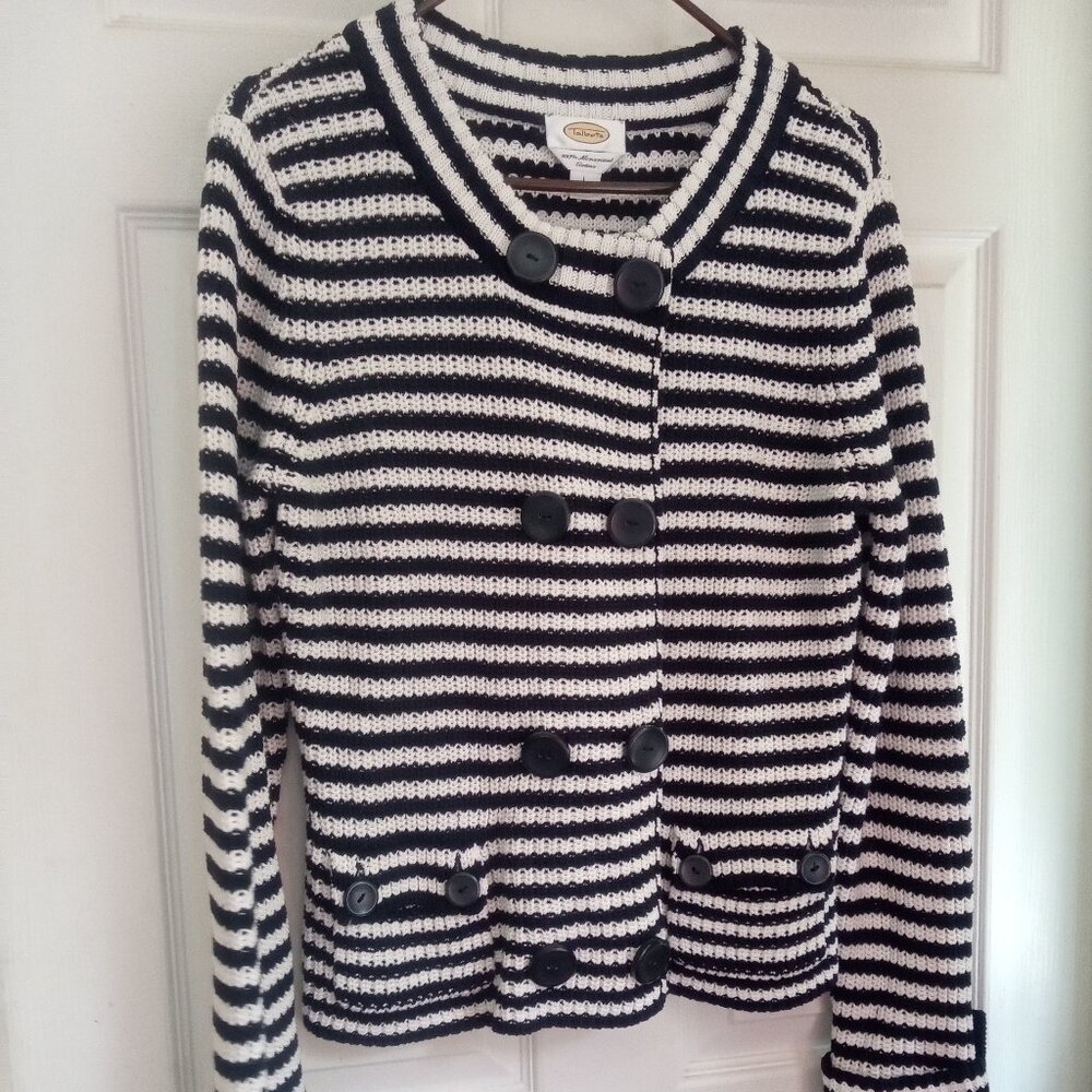 Share TALBOTS Sz L 100% Cotton cardigan jacket Navy White nautical stripes NEW n